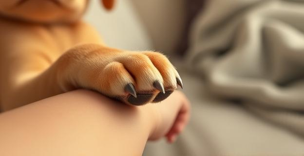 Un primer plano de una pata de perro apoyada suavemente sobre un antebrazo humano, ambos en tonos cálidos y texturas suaves. El fondo está desenfocado, con elementos que sugieren un entorno doméstico y relajado, como una manta o un sofá. La imagen evoca una sensación de conexión y ternura.