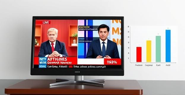 Imagen de una televisión con pantalla dividida mostrando noticias con fuentes gubernamentales y de oposición, con un gráfico de barras en un lateral indicando porcentajes de cobertura informativa