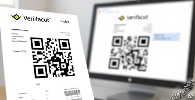 Una imagen de una factura electrónica con un código QR y la leyenda Verifactu, junto a una computadora y un logo de la Agencia Tributaria en el fondo.