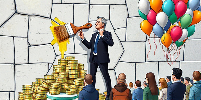 Una ilustración satírica al estilo editorial de periódico. Un funcionario gubernamental con traje elegante sostiene un pincel gigante y pintura dorada, intentando pintar una pared agrietada y gris que representa una frontera caótica. Al lado, un montón de billetes de euro se transforman en globos de colores que flotan hacia el cielo, mientras personas comunes miran la escena con escepticismo desde abajo.