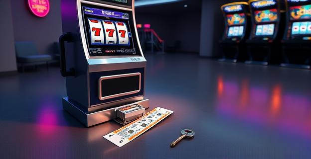 Imagen de una máquina de apuestas manipulada con un ticket de premio en el suelo, junto a una llave y una tarjeta de identificación falsa, en un salón de juegos vacío.