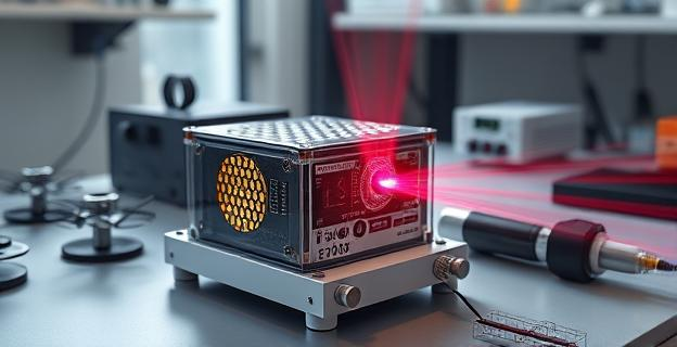 Un dispositivo científico compacto con nanotubos de carbono y un láser que genera campos eléctricos intensos. El dispositivo está sobre una mesa de laboratorio con equipamiento científico alrededor.