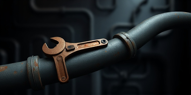 Una imagen conceptual que represente una tubería retorcida, corroída, con una llave inglesa oxidada apoyada en ella. La tubería se bifurca en dos caminos, uno iluminado y otro oscuro. El fondo debe ser un laberinto de sombras. Estilo pictórico, colores oscuros y texturas rugosas.