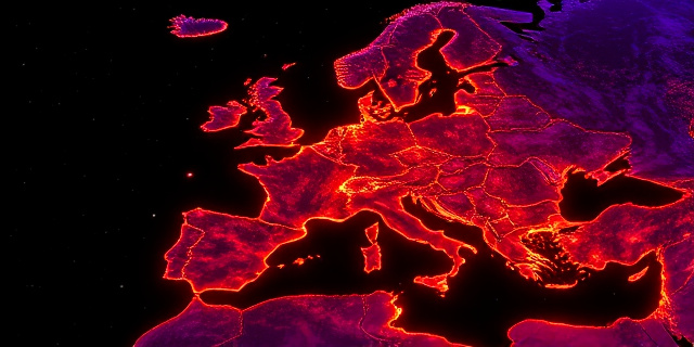 Una ilustración conceptual y satelital de Europa donde el mapa del continente parece estar hecho de metal fundido y brasas ardientes, con colores violetas y rojos intensos emanando calor. El fondo es el negro profundo del espacio con estrellas distantes, creando un contraste entre la frialdad del vacío y el calor infernal de la tierra.