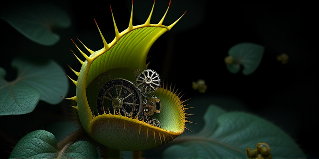 Una ilustración conceptual y surrealista de una planta Venus flytrap donde la estructura de la hoja se transforma en un mecanismo de relojería complejo y engranajes biológicos, resaltando la tensión mecánica y el movimiento rápido, estilo arte digital detallado, fondo oscuro botánico.