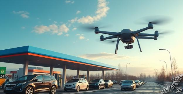 Imagen de una gasolinera en Rusia con largas filas de coches esperando para llenar el tanque, mientras un dron ucraniano vuela en el cielo.