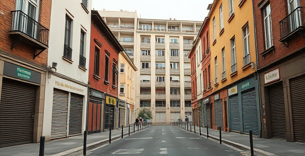 Una calle desierta en Maresme con varias casas cerradas y con carteles de okupación, mientras al fondo se ve un edificio moderno vacío.