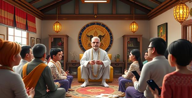 Una escena que muestra un grupo de personas reunidas en un local con símbolos espirituales, mientras una figura autoritaria está en el centro. Alrededor, hay indicios de actividad financiera como recibos y dispositivos móviles.