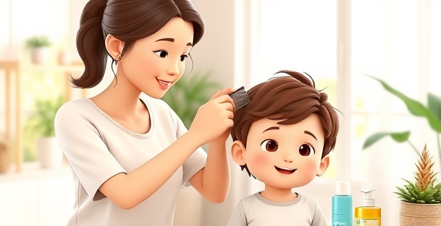 Imagen de una madre peinando cuidadosamente el cabello de su hijo con una lendrera, en un ambiente hogareño y luminoso, con productos de cuidado capilar ecológicos alrededor.