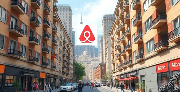 Una imagen de una ciudad con muchos edificios de apartamentos y personas caminando por la calle, con un gran letrero de 