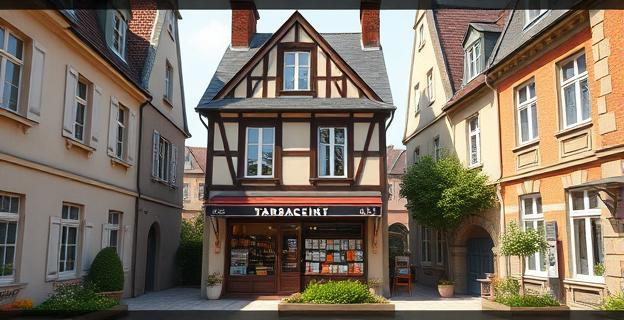 Una casa modesta con un pequeño jardín, rodeada de edificios similares en un barrio tranquilo de una ciudad francesa. Un quiosco de prensa y un estanco en la planta baja.