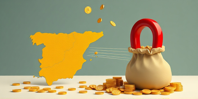 Una ilustración conceptual y satírica que muestra un mapa de España donde una región específica actúa como un imán gigante que atrae monedas de oro y billetes desde un saco gubernamental. Estilo de caricatura editorial moderna, colores vibrantes, fondo limpio, sin texto, enfoque en la asimetría de la distribución del dinero.