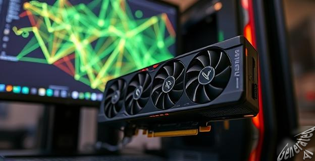Una imagen de una tarjeta gráfica RTX4090 instalada en un ordenador, con una pantalla de fondo que muestra un gráfico de una red neuronal.