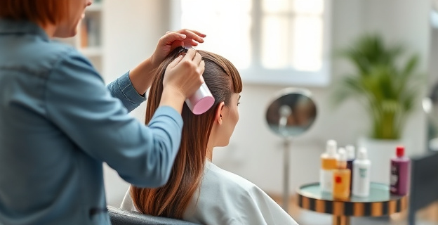 Una peluquera aplicando tintura a un cabello limpio y seco, con productos de coloración en una mesa auxiliar
