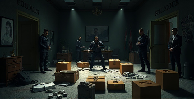 Una escena de una operación policial en un inmueble sórdido y oscuro, con drogas y dinero en efectivo esparcidos por la habitación, y prendas de ropa de lujo en cajas. La atmósfera es tensa y llena de agentes de policía en uniforme y de paisano.