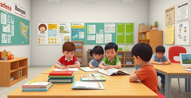 aula escolar con niños de diferentes nacionalidades estudiando en un entorno con materiales educativos en euskera y carteles en las paredes en euskera