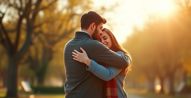 Una pareja abrazada en un parque, con una atmósfera cálida y luminosa que refleja amor y conexión mutua.
