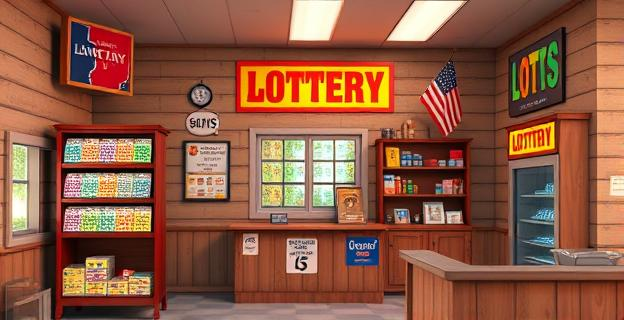 Una tienda de lotería en un pequeño pueblo de Texas con varios boletos de lotería en la estantería y un mostrador con un ambiente acogedor