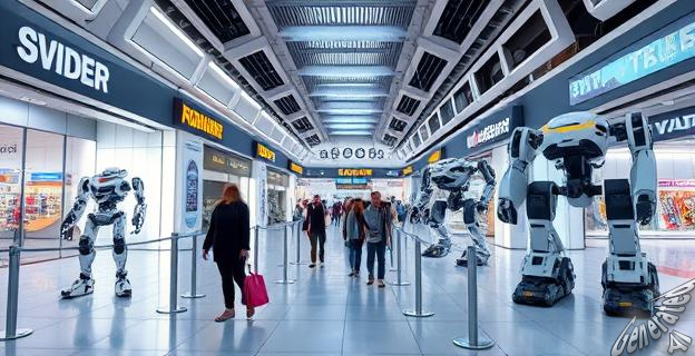 Un centro comercial futurista con robots humanoides y cuadrúpedos en exhibición, con personas interactuando con ellos en un entorno de alta tecnología.