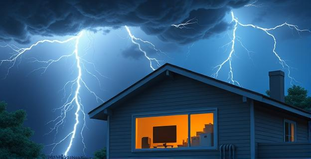 Una tormenta eléctrica con rayos y truenos sobre una casa con un televisor y otros electrodomésticos dentro