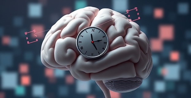 Una representación visual de un cerebro humano con relojes y calendarios desvaneciéndose en el fondo, simbolizando la percepción subjetiva del tiempo.