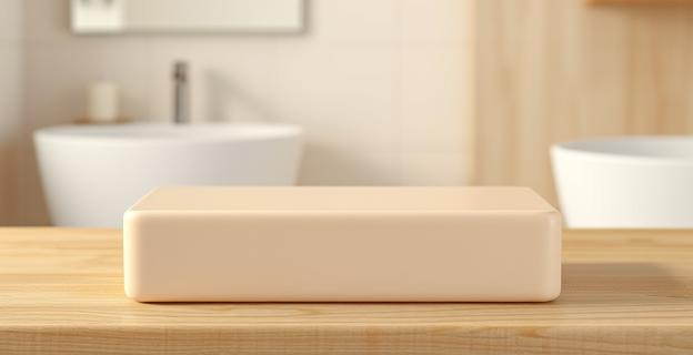 Una pastilla sólida de color beige claro, con textura suave y ligeramente brillante, sobre una superficie de madera natural en un baño con iluminación suave y cálida.