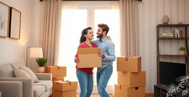 Una pareja joven se mudan juntos a un apartamento acogedor, sonriendo y abrazándose mientras desempacan cajas.