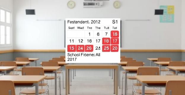 Calendario escolar con fechas de descanso resaltadas en un fondo de aula vacía con pupitres y sillas ordenadas, sin personas ni nombres propios visibles