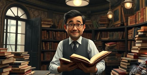 Una imagen de un librero británico en un estudio de grabación, rodeado de libros antiguos, con un ambiente de Londres en 1946, con escombros y racionamientos en el fondo.