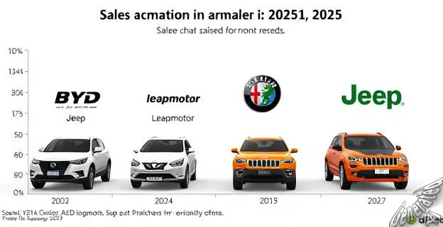Un gráfico comparativo de las ventas de BYD, Leapmotor, Alfa Romeo y Jeep en Alemania en 2025, con cifras específicas y colores diferenciados para cada marca.