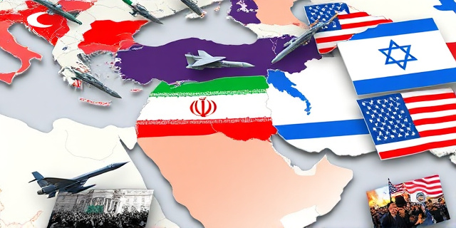 Un mapa de Oriente Medio con banderas de diferentes países, incluyendo Irán, Israel y Estados Unidos, rodeado de imágenes de misiles, drones y manifestaciones