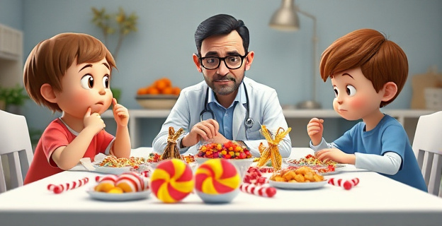 Una mesa llena de dulces y chucherías, con un niño comiendo con ansiedad en un lado y otro niño jugando en el otro lado, mientras una pediatra observa con una expresión de preocupación