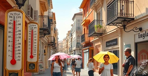 Una imagen de una ciudad española con termómetros mostrando temperaturas altas y personas protegiéndose del sol con sombrillas y gafas de sol.