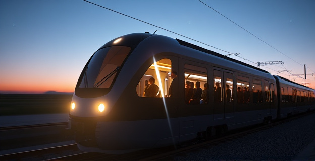 Una locomotora moderna, elegante y estilizada, avanza por una vía bajo un cielo en tonos crepusculares. En el interior de un vagón transparente, se ven siluetas de pasajeros de pie y sentados, pero sin cinturones. Un rayo de luz diagonal atraviesa el vagón, simbolizando la ausencia de esta medida de seguridad. La imagen transmite una sensación de movimiento y seguridad implícita, sin la necesidad de los cinturones. Los datos y números flotan sutilmente alrededor del tren como un aura, representando las estadísticas.