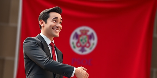 Un hombre con traje y corbata, sonriendo y estrechando la mano de otro hombre, mientras detrás de ellos hay una bandera del PSOE