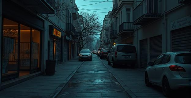 Una calle oscura y desierta en Rivas con comercios cerrados y un ambiente de inseguridad, con cristales rotos en un escaparate y coches aparcados con puertas abiertas
