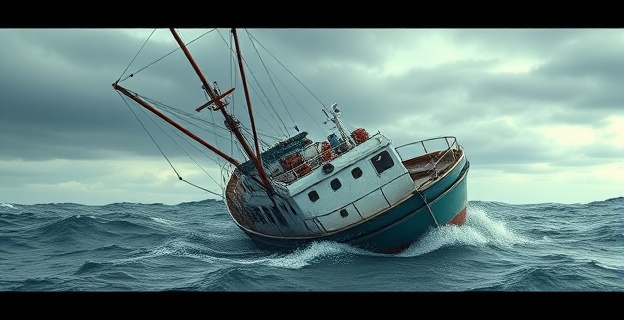 Un barco pesquero escorado y semihundido en medio de un mar agitado, con restos de redes y aparejos en cubierta. Al fondo, un cielo gris y tormentoso.