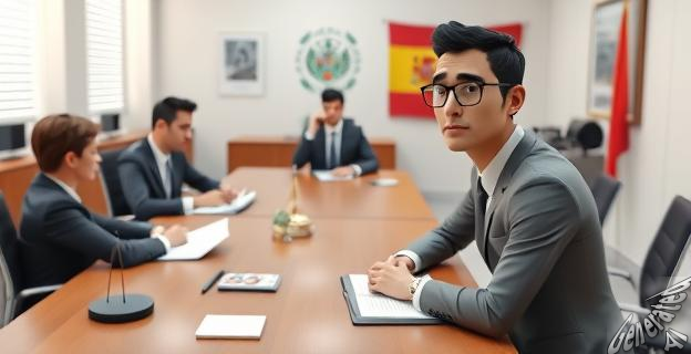 Una imagen de un despacho de abogados con varios abogados trabajando en sus escritorios, mientras un cliente extranjero observa preocupado. Al fondo, una bandera de España y un logo del Gobierno.