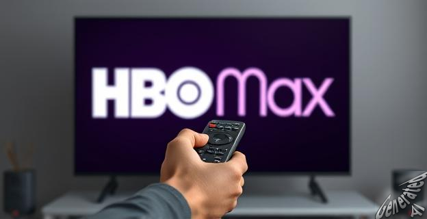 Una persona sosteniendo un control remoto frente a una pantalla de TV con el logo de HBO Max