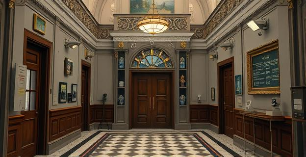 Un museo con sistemas de seguridad obsoletos y contraseñas evidentes, con alarmas y cámaras de vigilancia en un entorno de lujo y arte