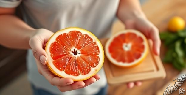 Una persona sosteniendo un pomelo en una mano y una tabla de cortar con medio pomelo cortado en la otra, con un fondo de una mesa de cocina saludable.