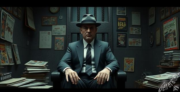 Un hombre con un traje y un sombrero sentado en una silla eléctrica, rodeado de libros de cómics y papeles