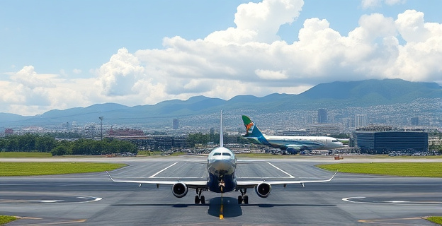 Una escena que muestra un avión aterrizando en un aeropuerto, con un paisaje urbano de Caracas al fondo, bajo un cielo parcialmente nublado.