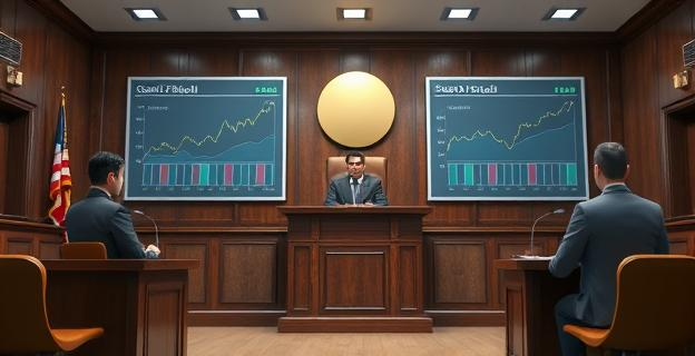 Imagen de una sala de justicia con un juez y un fiscal en un tribunal, con un telón de fondo que muestra gráficos de acciones y contratos de compra de material sanitario