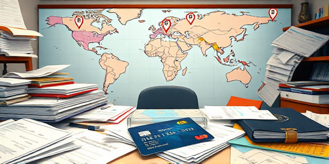 Ilustración de oficina desordenada con papeles, cheques y una tarjeta corporativa expuesta. Al fondo, un mapa con marcadores de Miami, Maldivas, Dubái y París, y un pasaporte abierto. La escena transmite una sensación de fraude y de lujos exquisitos mezclados con la burocracia sindical.