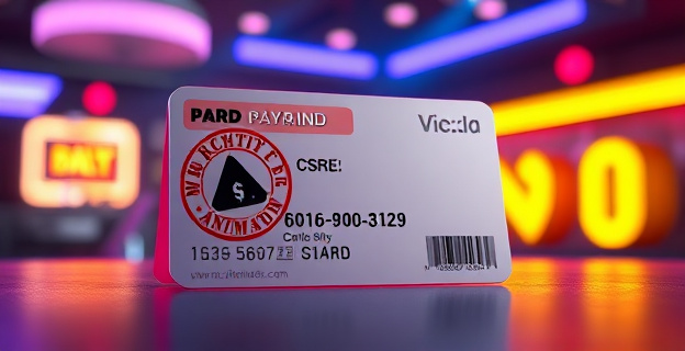 Una tarjeta de prepago con un sello de advertencia y un fondo de discoteca con luces de neón