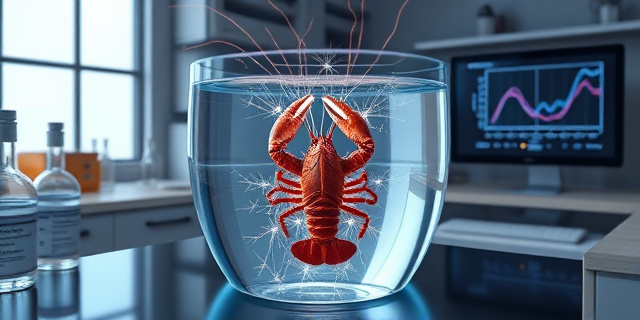 Un laboratorio de investigación con un tanque de agua transparente, donde una langosta se encuentra en el centro, rodeada de cables que emiten destellos de electricidad. Al lado, una mesa de laboratorio con frascos de aspirina y lidocaína, y una computadora con gráficos de respuesta neurológica.