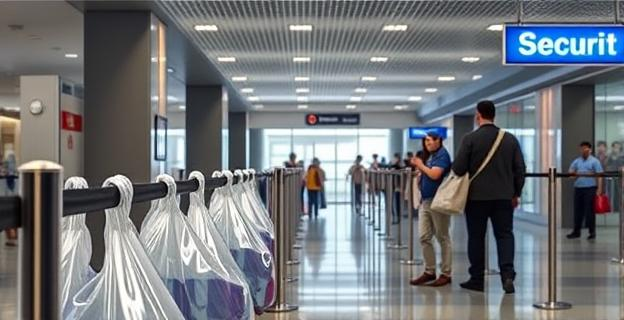 Imagen de una cola de seguridad en un aeropuerto con un vendedor ambulante cerca de la entrada, mostrando bolsas transparentes de plástico
