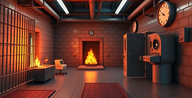 Una prisión con un incendio en una sala técnica y un ingeniero trabajando en segundo plano con un reloj en la mano