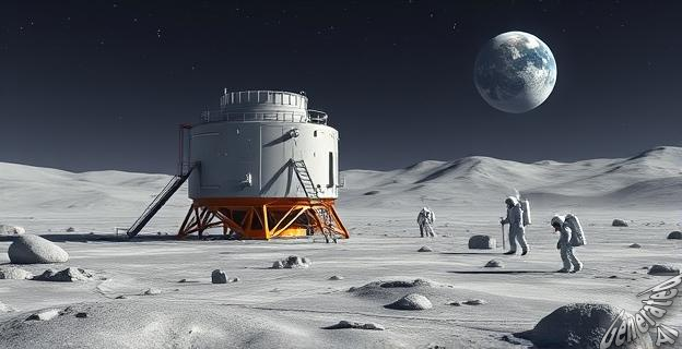 Ilustración de un reactor nuclear en la superficie lunar con astronautas trabajando en el fondo, con la Tierra visible en el cielo.